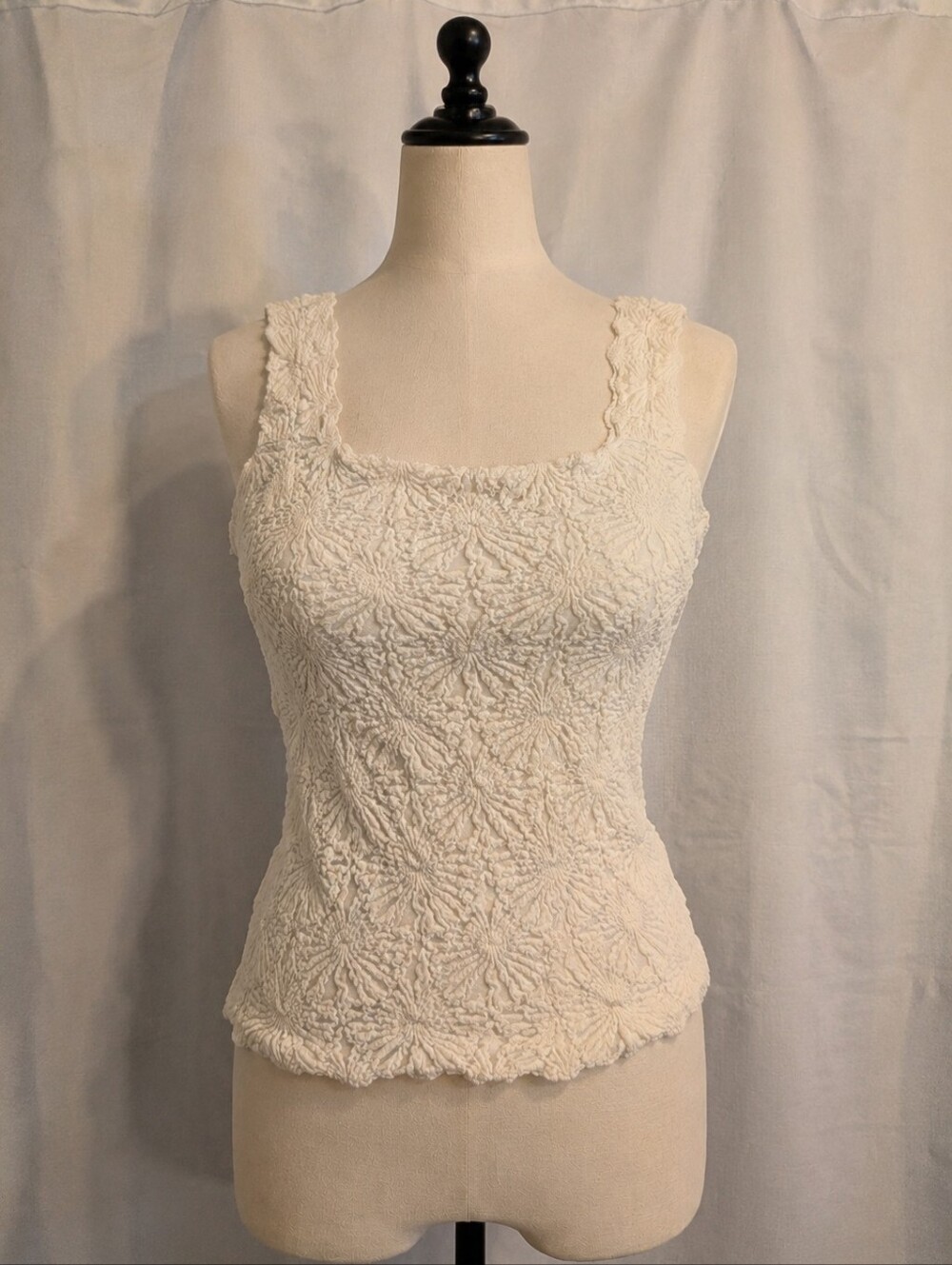 Floral Textured Cream Square-Neck Stretchy Tank Top